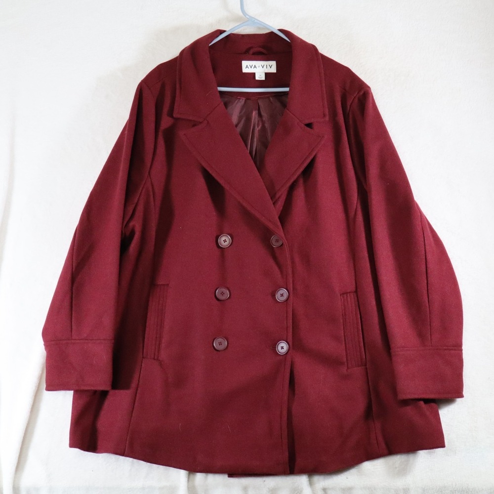AVA & VIV Women's 3X Burgundy Double‑Breasted Coat – Plus Size Notched Lapel